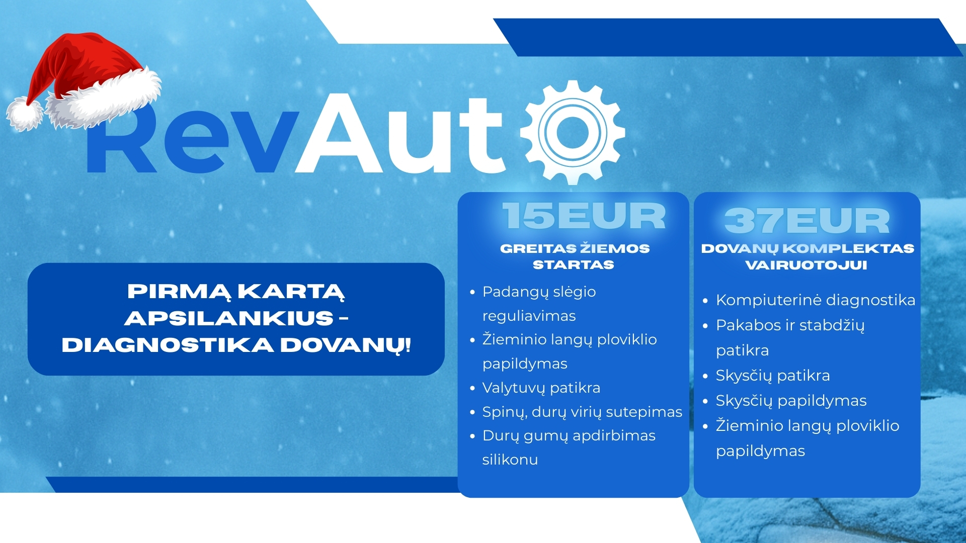 Sezoninė padangų keitimo reklama. Platus (21:9) baneris visam puslapio pločiui: autoserviso garažo fonas, mechanikas keičia automobilio padangas, aiškūs ratlankiai ir padangos, švarus minimalus dizainas, žiemos/rudens nuotaika (mėlyni ir pilki tonai), profesionalus apšvietimas, daug neperkrautos erdvės tekstui dešinėje, be logotipų, be prekės ženklų, itin aukšta kokybė.