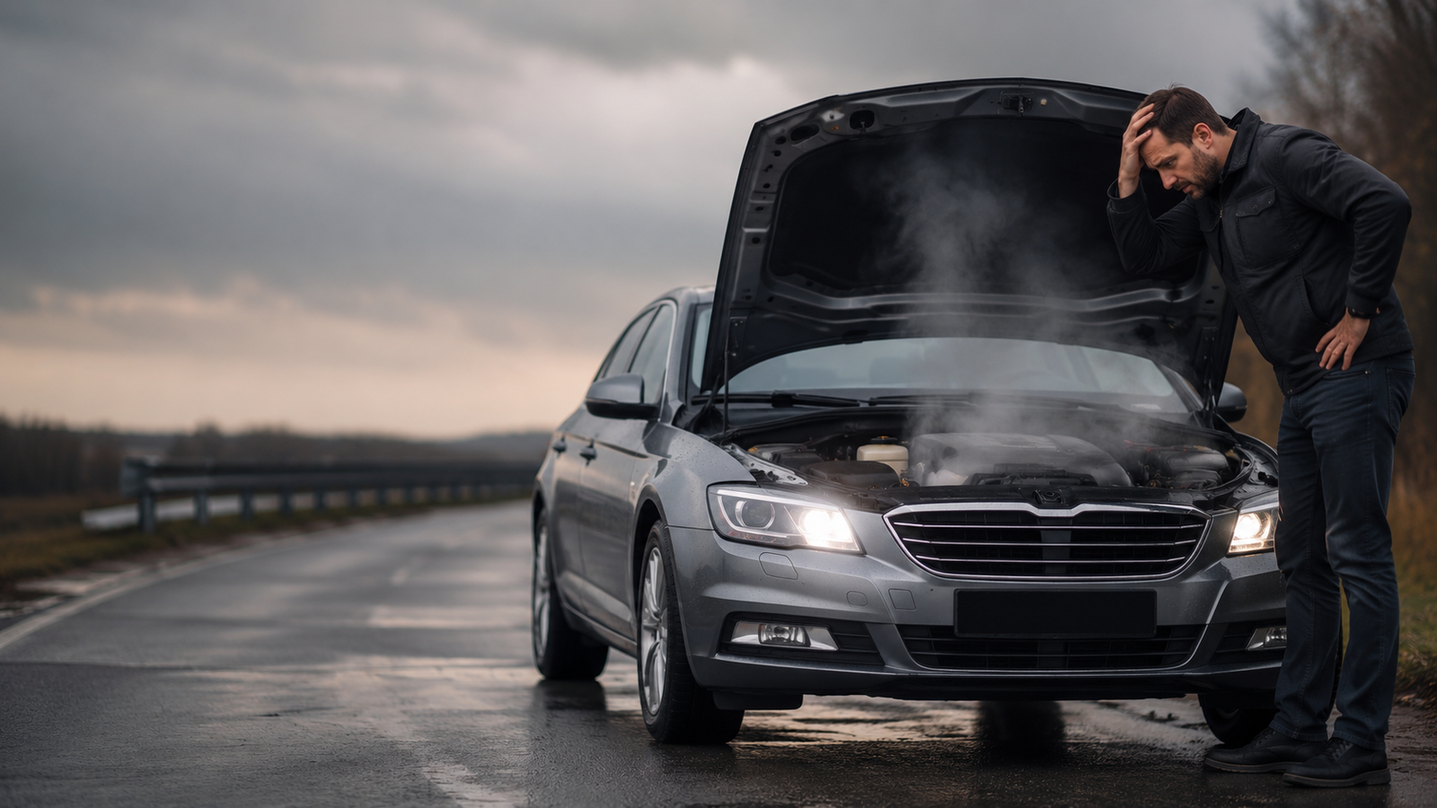 Perkaitęs automobilis ir iš variklio skyriaus kylantys garai